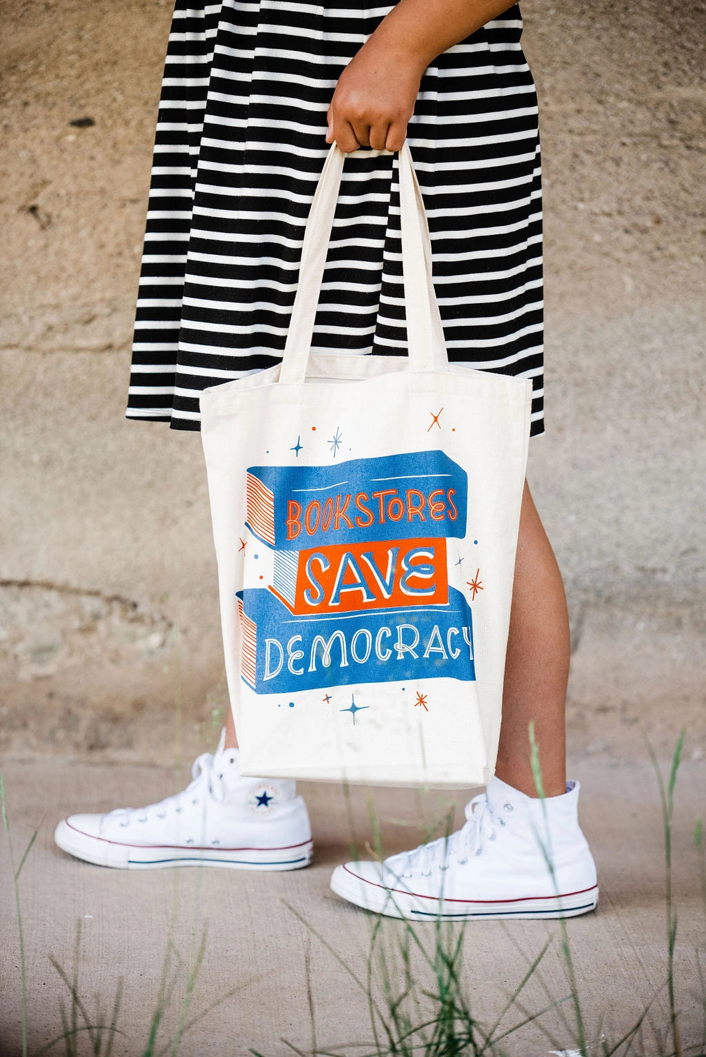 "Bookstores Save Democracy!" tote bag | Gibbs Smith