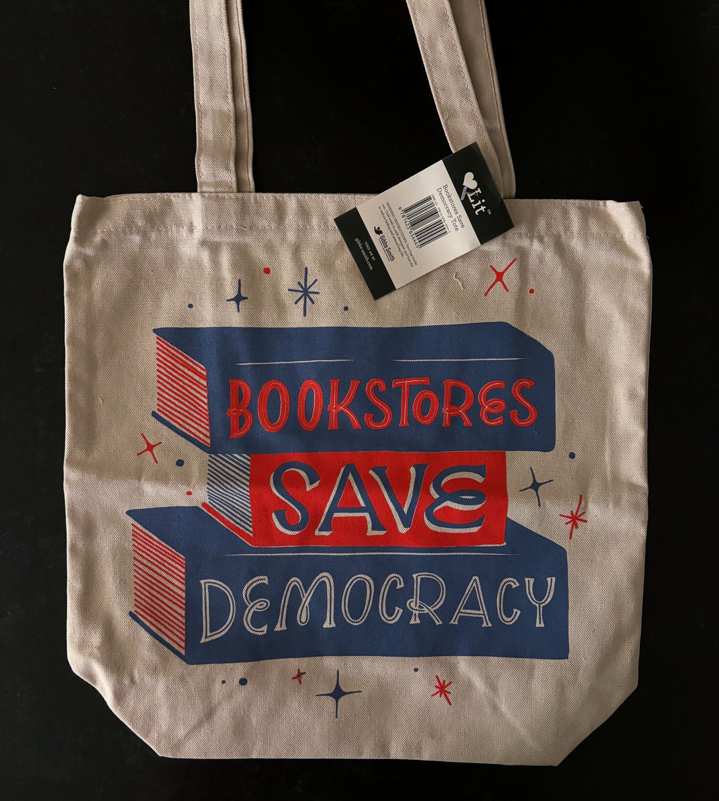 "Bookstores Save Democracy!" tote bag | Gibbs Smith